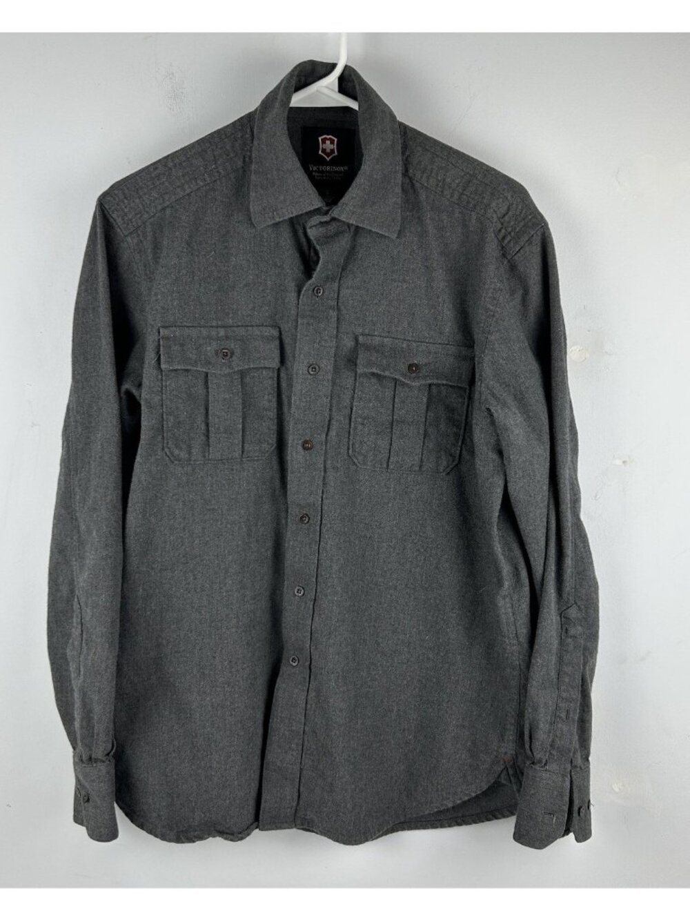 Victorinox S Button Up Shirt Men Gray  Cotton Military Flannel Twill Pockets